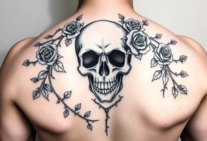 gothic skull intertwined with climbing roses and thorny vines tattoo idea
