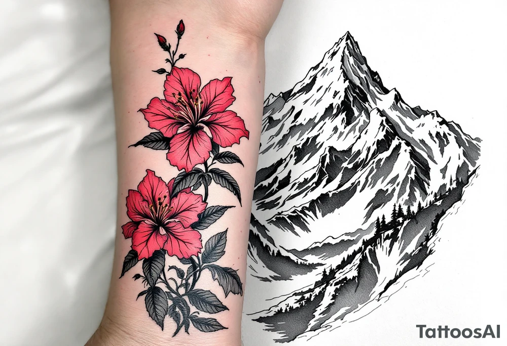 vertical wrist size red  and black rhododendron trippy with Himalayas behind tattoo idea