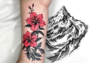 vertical wrist size red  and black rhododendron trippy with Himalayas behind tattoo idea