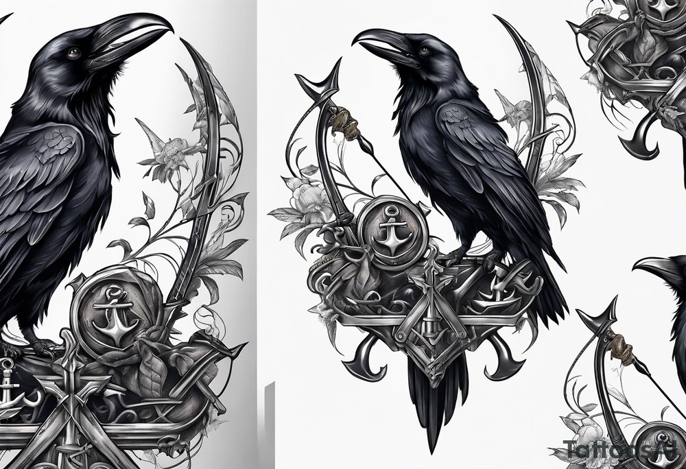 Raven holding skull in claw,and scythe in the shape of anchor tattoo idea