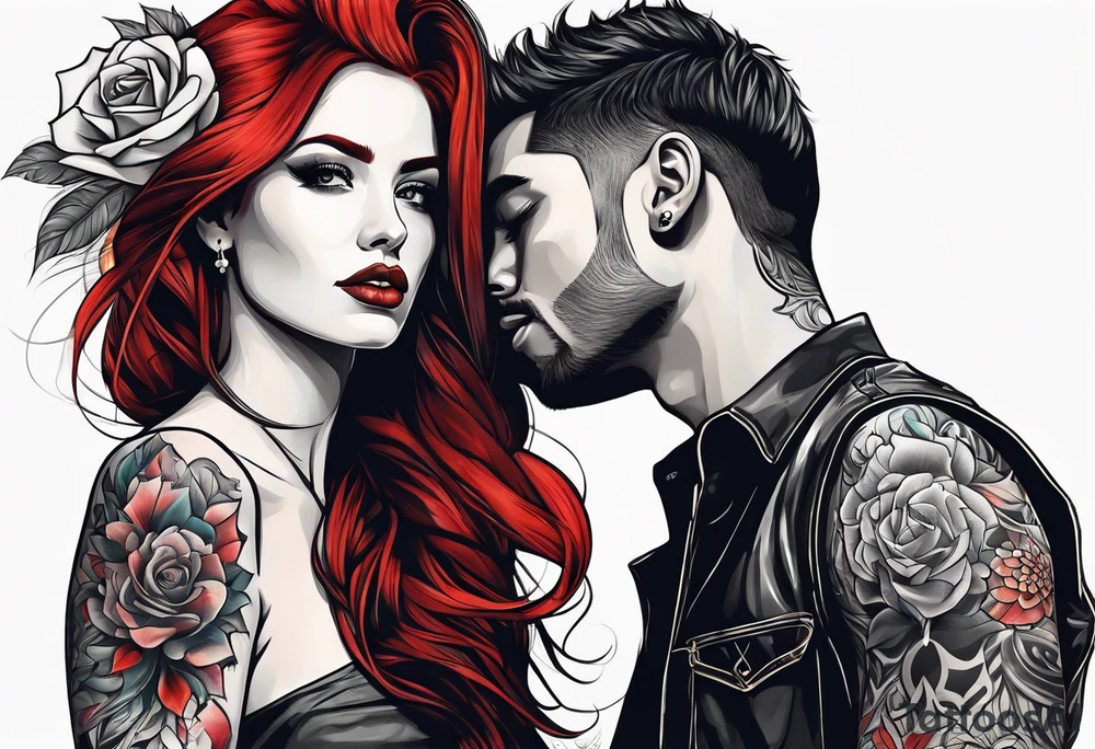 Red haired woman with black haired man tattoo idea