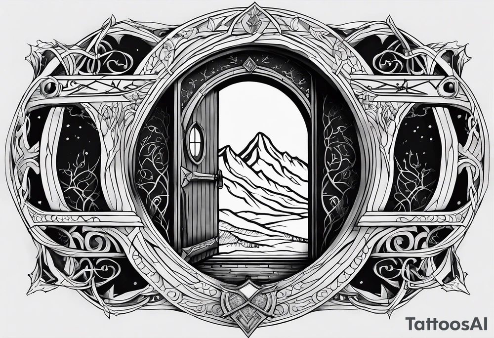 Lord of the rings and Harry Potter movie mashup. Small and simple. Hobbit door hole, wands, elvish writing, deathly hallows tattoo idea