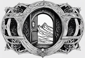 Lord of the rings and Harry Potter movie mashup. Small and simple. Hobbit door hole, wands, elvish writing, deathly hallows tattoo idea