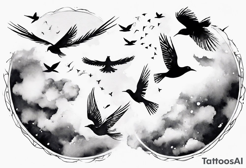 shoulder tattoo with light rays with birds flying free among the clouds, round shape, 3d effect tattoo idea