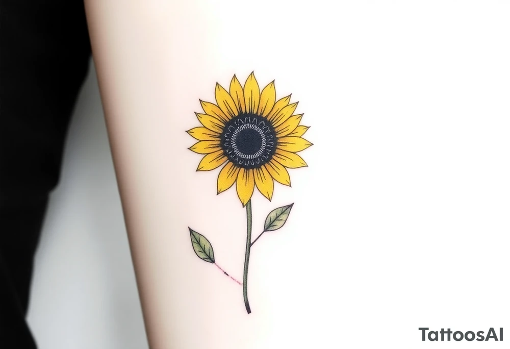A minimalist sunflower tattoo that represents a shattered and betrayed gemini woman who fought hard throughout this year. With colors yellow and black. Make it unique and rare. Without leaves and stem. Simple but elegant. Cute and catchy tattoo idea
