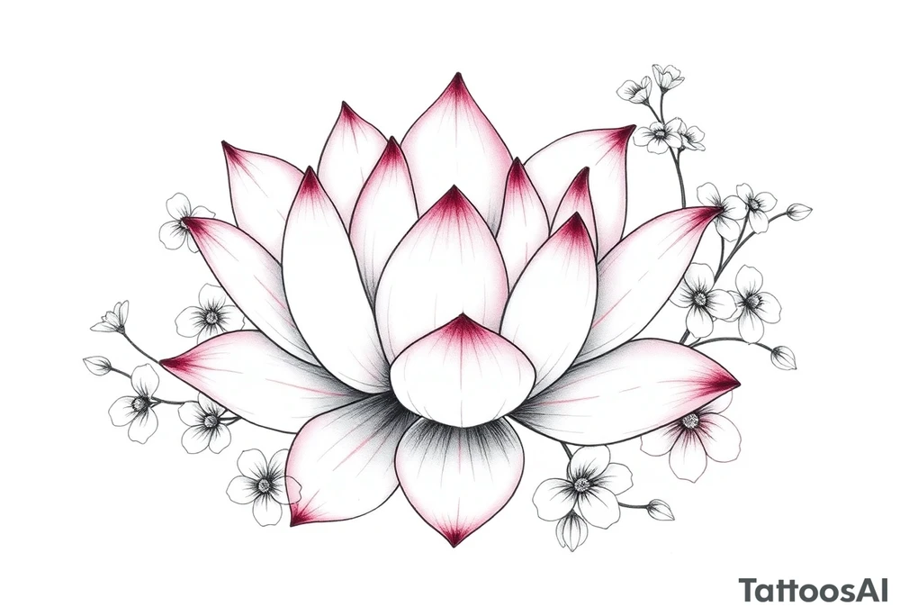 Lotus flower surrounded by forget me nots and peonies tattoo idea