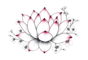 Lotus flower surrounded by forget me nots and peonies tattoo idea