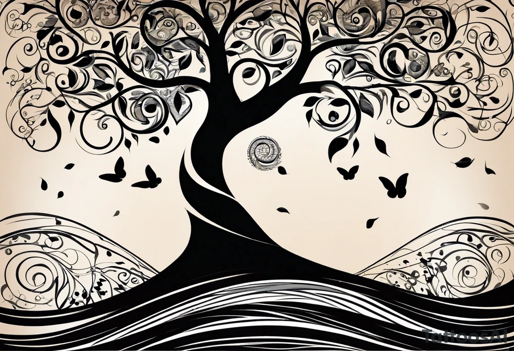 A tattoo design that incorporates the following elements: an abstract tree of life that has roots emerging  from the ground. Waves of water wrap around the tree in a non symmetrical design.  Incorporate musical notes into the tree. the letters U and A are overlapping and engraved into the tree. A golf flag incorporated but not prominent tattoo idea