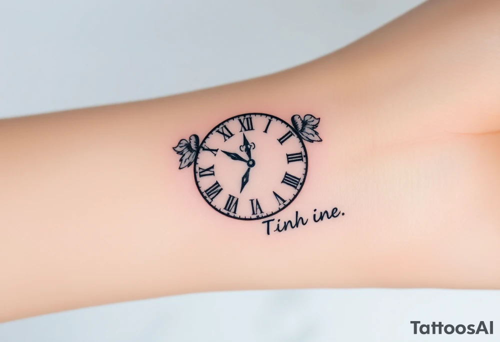 A delicate clock with Roman numerals frozen at the exact birth time, adorned with tiny angel wings and the baby's name elegantly written in cursive (soft gold and pastel blue/pink) tattoo idea