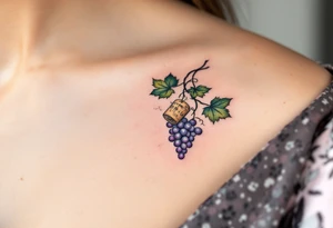 Cork & Vine – A simple design featuring a wine cork entwined by a grapevine, with green leaves, purple grapes, and natural brown bark texture. tattoo idea