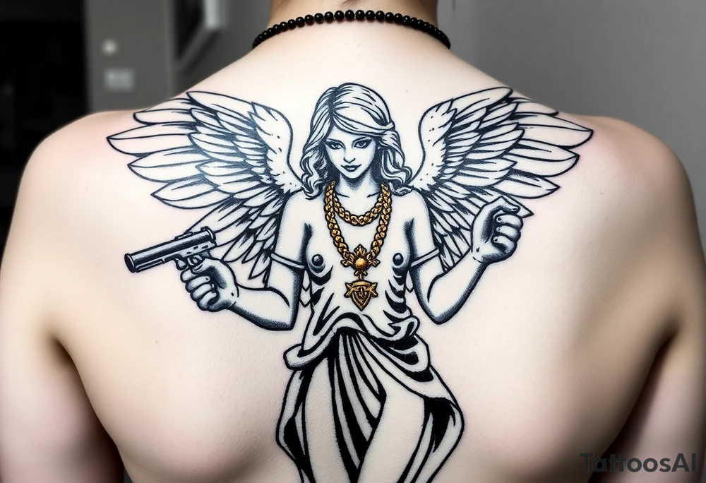 tattooed criminal-style angel statue, weapons in hand, gangster-style gold necklaces tattoo idea