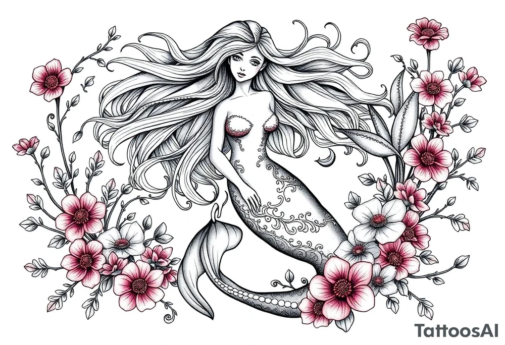 ethereal mermaid with flowing hair among coral and sea flowers tattoo idea