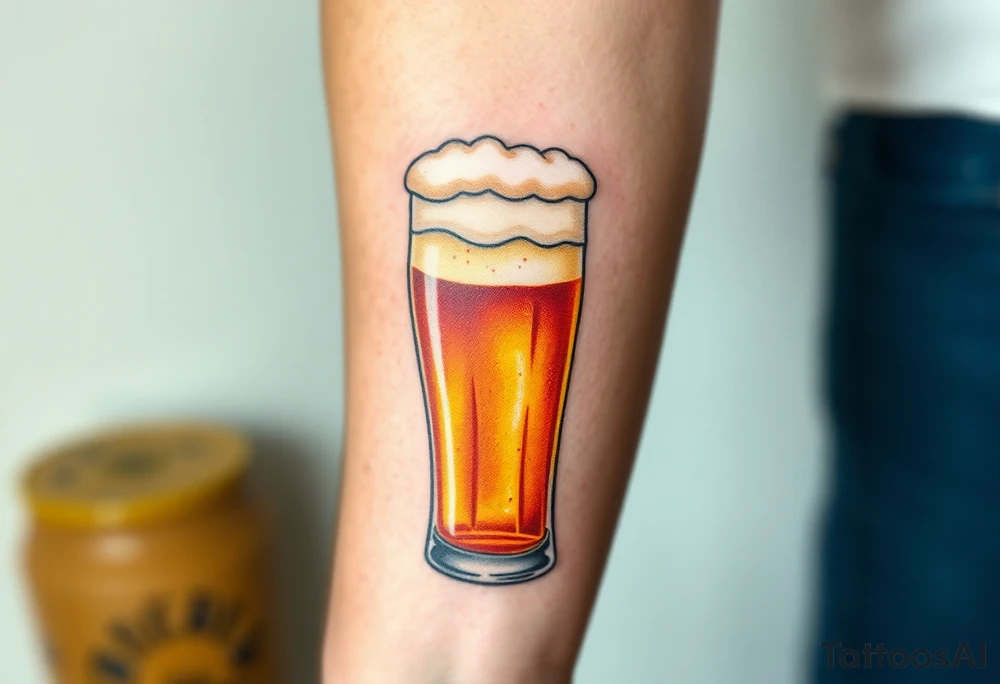 A tall, ice-cold beer glass with a thick white foam head, illuminated by warm amber and honey hues tattoo idea