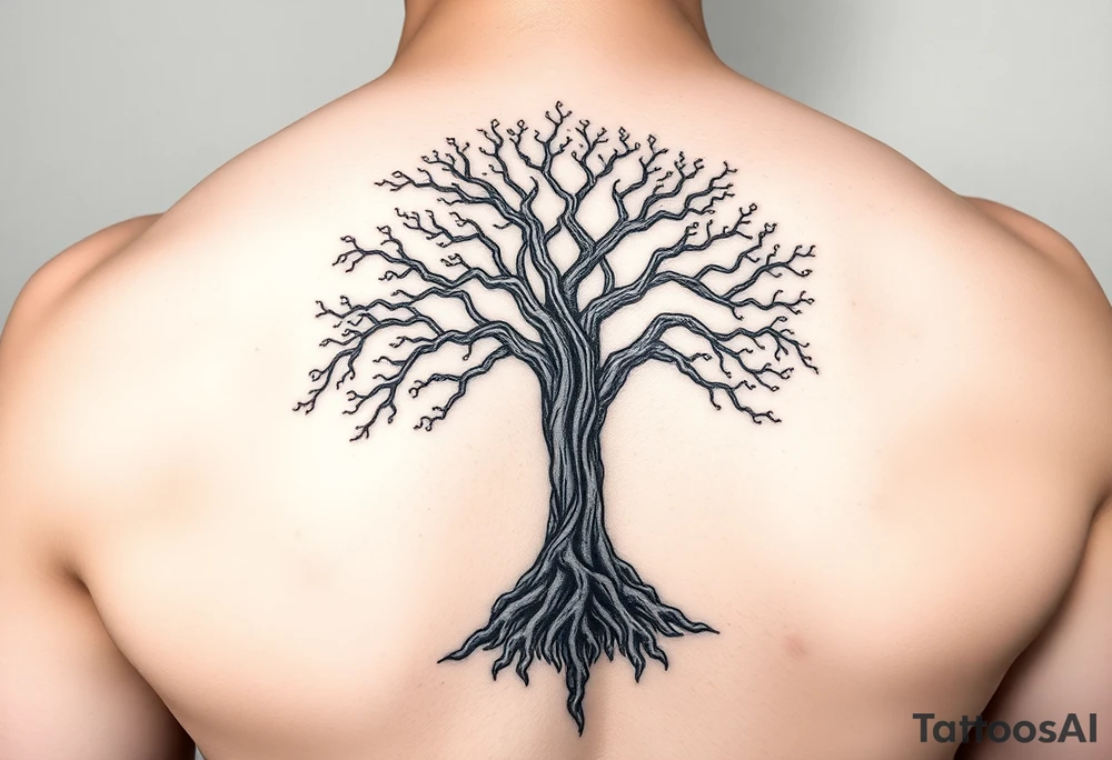 mystical tree of life with cosmic roots and celestial branches tattoo idea