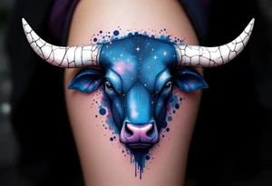 Cosmic Bull Head – Starry-textured bull hide in midnight blue and violet, speckled with faint constellations, and horns made of cracked white stone. tattoo idea
