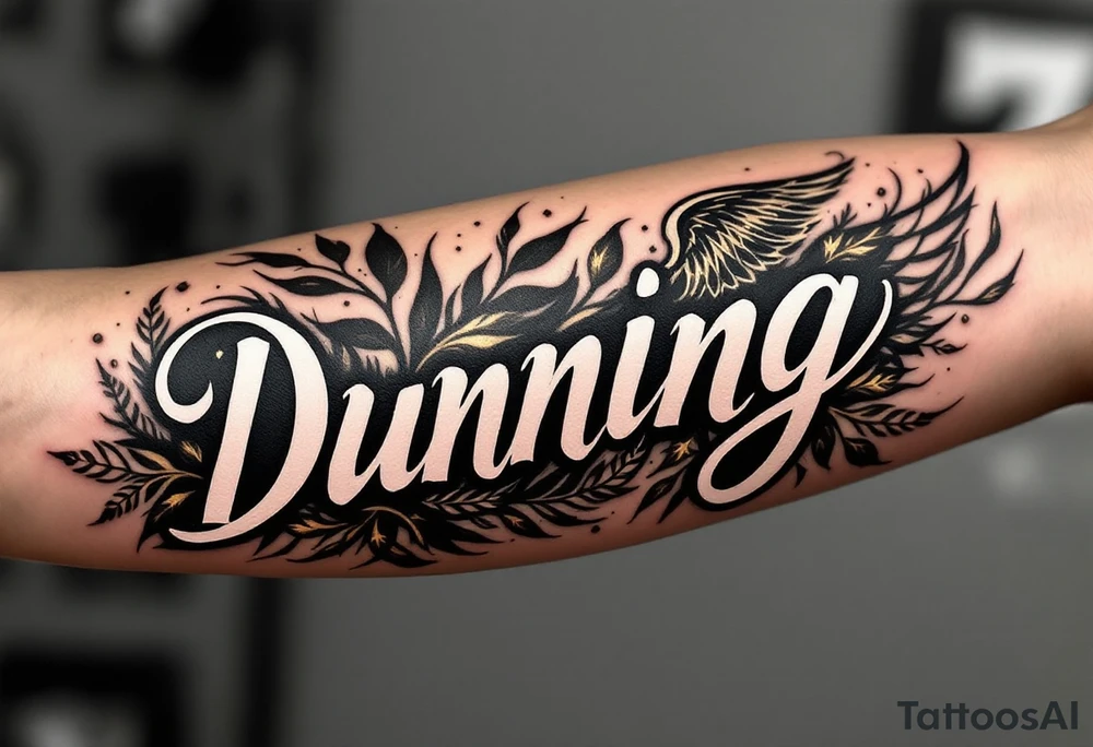 Dunning, Details include on left arm, name in white color,angel wing, rain drop jungles leaves,cool font, gold highlights tattoo idea