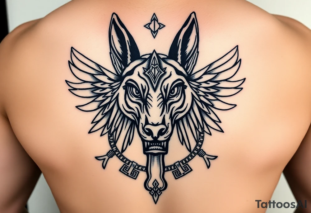Egyptian Anubis god powerful face muscle in Egypt style dog face surrounded Egyptian symbols based on five elements tattoo idea
