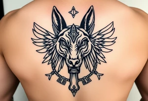 Egyptian Anubis god powerful face muscle in Egypt style dog face surrounded Egyptian symbols based on five elements tattoo idea