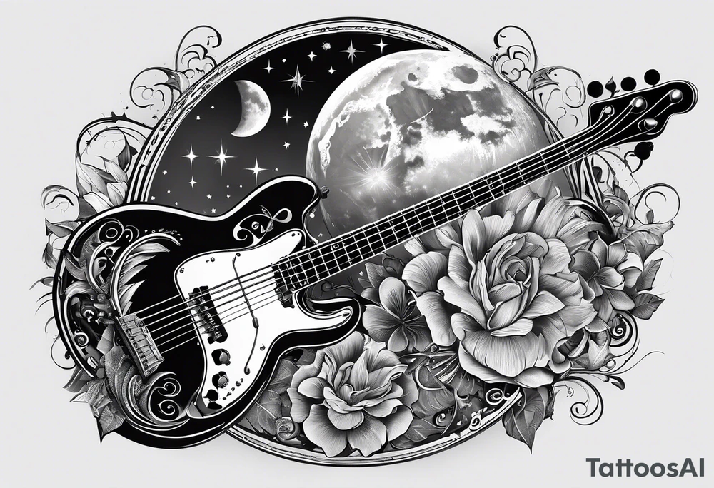 Collage for full sleeve with:
2 stars, 
1 quarter moon, 
a bass guitar, 
a caduceus symbol tattoo idea