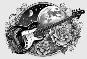 Collage for full sleeve with:
2 stars, 
1 quarter moon, 
a bass guitar, 
a caduceus symbol tattoo idea
