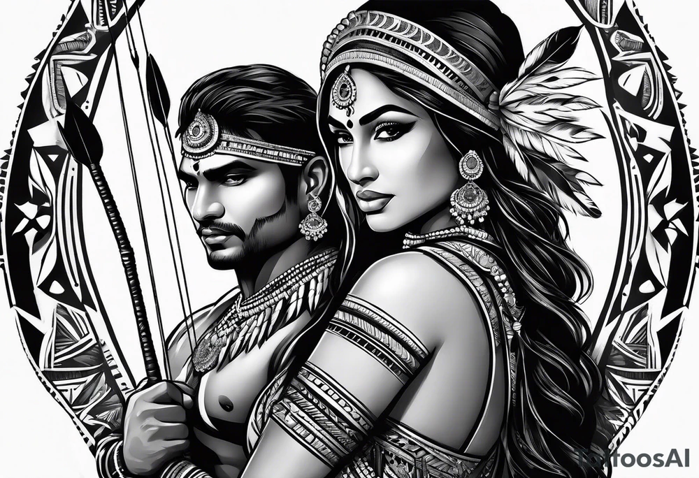 tribal indian couples with bow and arrows tattoo idea