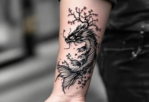 koi fish  with a dragon 
with a sakura tree in the background, Japanese inspired piece tattoo idea