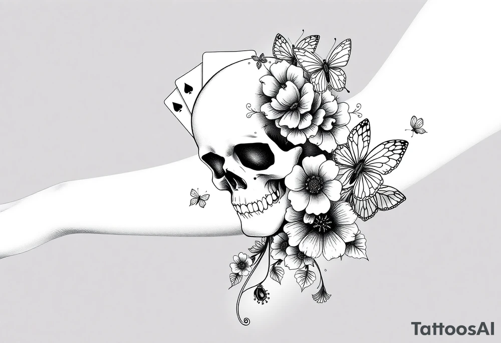 Casino only theme , poker chips deck of cards dice a skull with flowers with raindrop swirls and butterfly’s tattoo idea