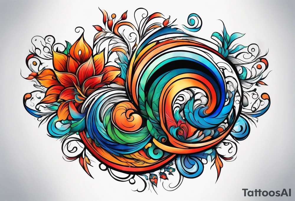 wide swirl of red, blue, orange, green tattoo idea