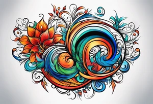 wide swirl of red, blue, orange, green tattoo idea