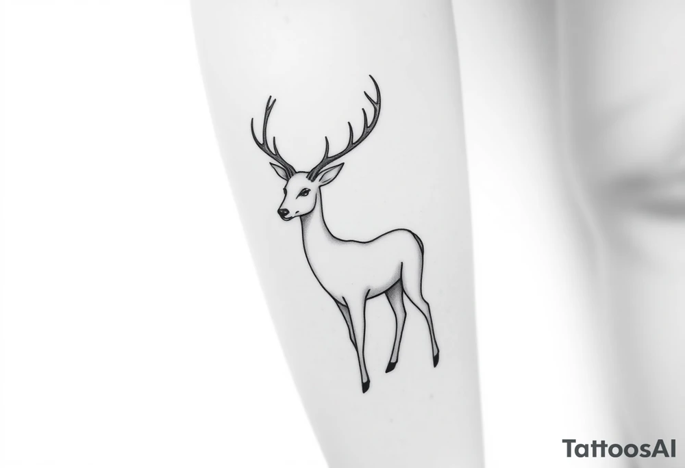 Can you make me a mock up tattoo of a deer on a human shin, I want the tattoo to capture the innocence, attentiveness, and the beauty of the deer. Keep it simple and minimalist and have the antlers wrapping around from the shin to the sides of the calf tattoo idea