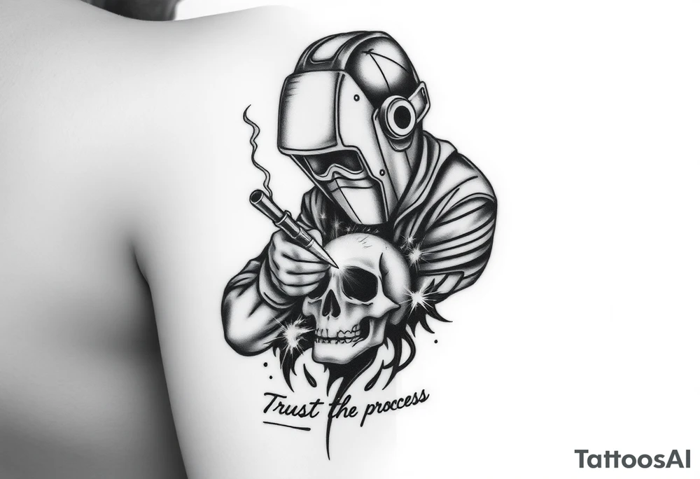 Create a tattoo, in black and white, of a welder, wearing a welder's helmet, from only the arms up, welding on a skull Include sparks, and subtle smoke throughout as well as the quote, trust the process, at the bottom where the arm meets the wrist. This needs to be sized for a forearm, tattoo idea