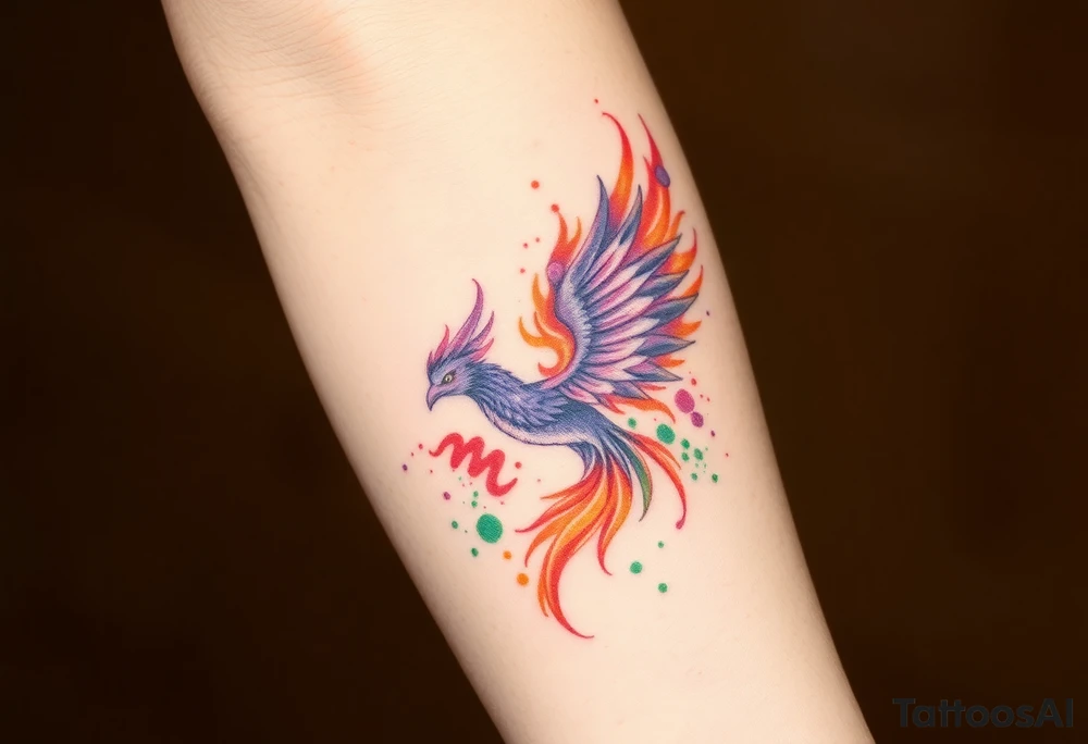 Phoenix with blazing flames with purple, orange and green splashes tattoo idea