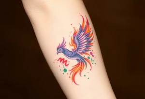 Phoenix with blazing flames with purple, orange and green splashes tattoo idea