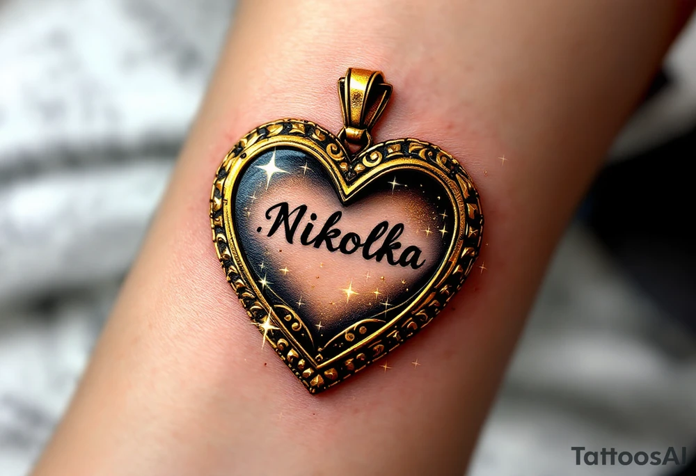 Nikolka name wrapped in a golden heart-shaped locket, slightly open with sparkles around. tattoo idea