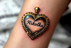Nikolka name wrapped in a golden heart-shaped locket, slightly open with sparkles around. tattoo idea