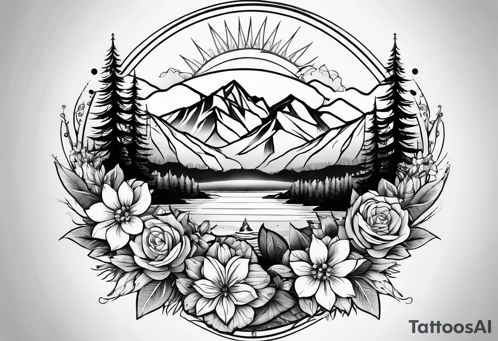 Compass mountains flowers tattoo idea