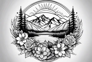Compass mountains flowers tattoo idea