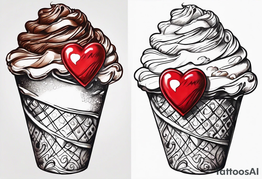 sketch chocolate chip ice cream cone with one red heart tattoo idea