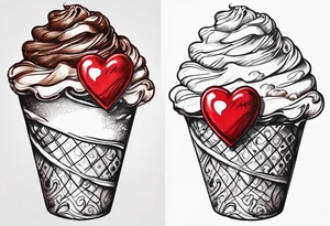 sketch chocolate chip ice cream cone with one red heart tattoo idea