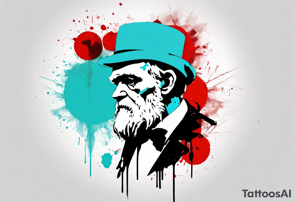 BANKSY ART STYLE,  cyan and red, acquarel, abstract, damage done, realistic Charles Darwin, romancistic, geometric tattoo idea