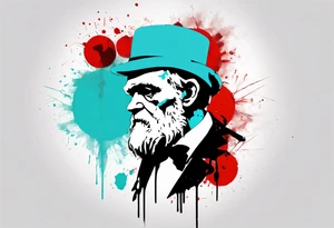 BANKSY ART STYLE,  cyan and red, acquarel, abstract, damage done, realistic Charles Darwin, romancistic, geometric tattoo idea