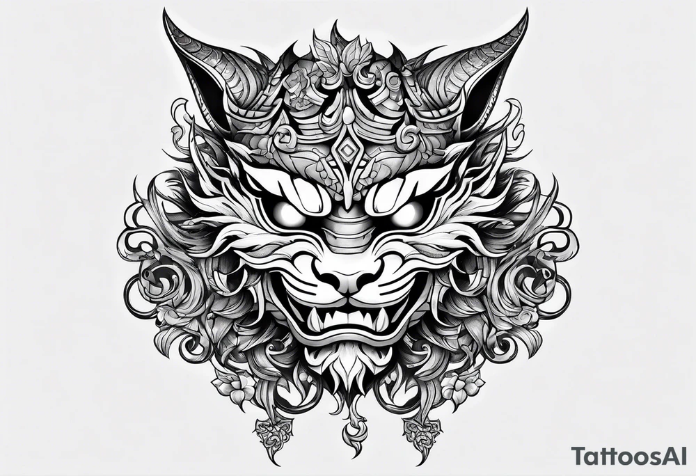 Half oni face mask,  half cat tattoo idea