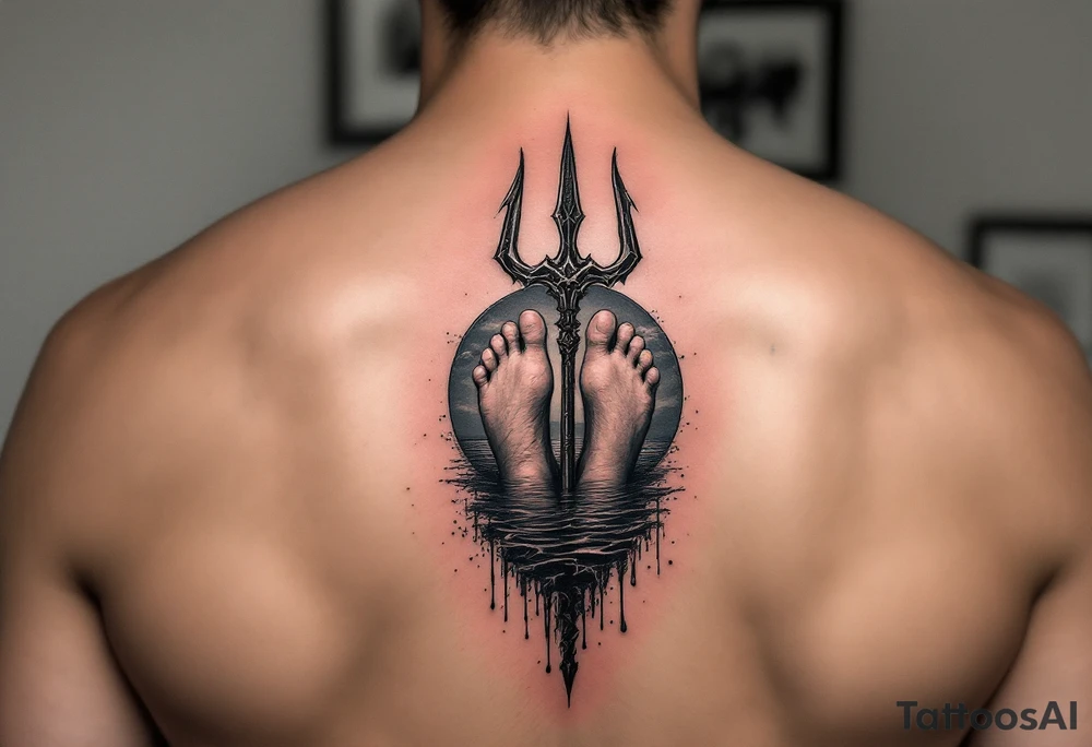 barefeet behind trident with water and sunset tattoo idea