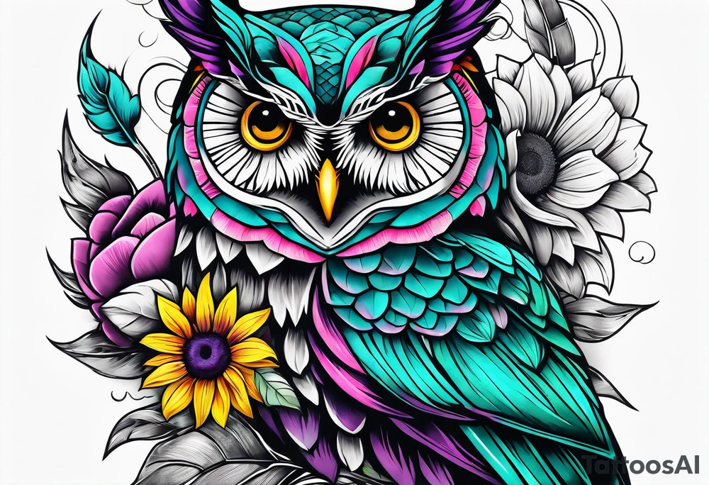 Leg Sleeve with teal, pink and purple owl and yellow sunflowers tattoo idea