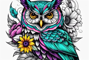 Leg Sleeve with teal, pink and purple owl and yellow sunflowers tattoo idea