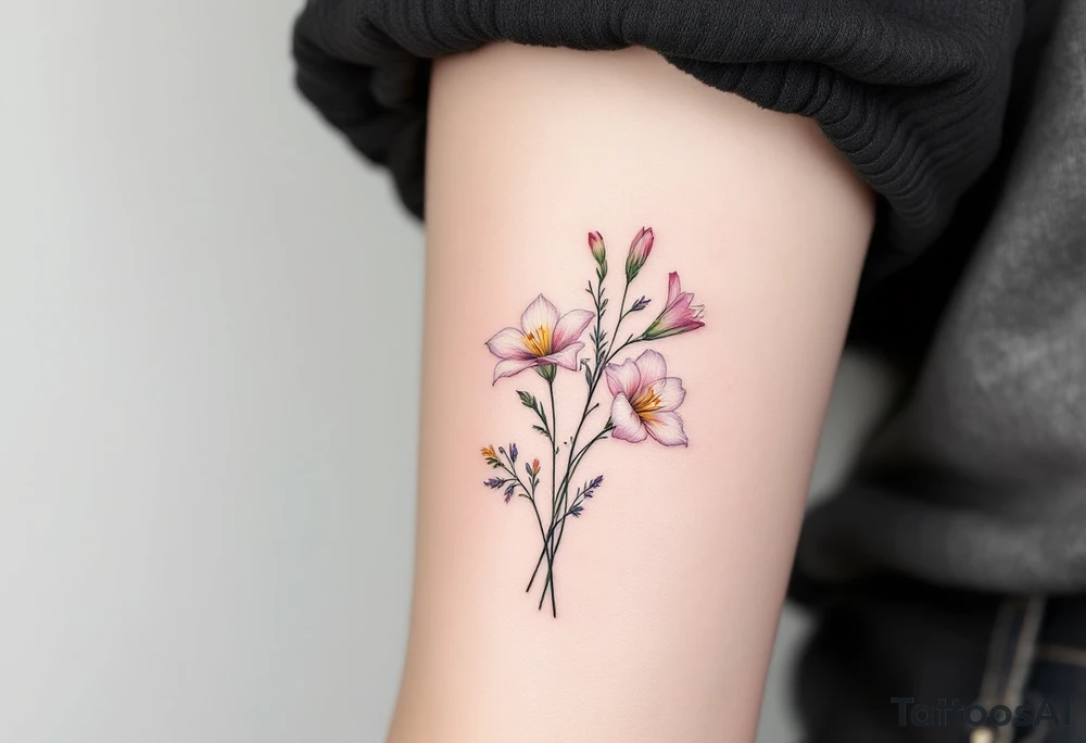 Small bunch of wild flowers including stargazer lilly with stems. Use the watercolour style inspired by Monet’s style with no outline on the florals. tattoo idea