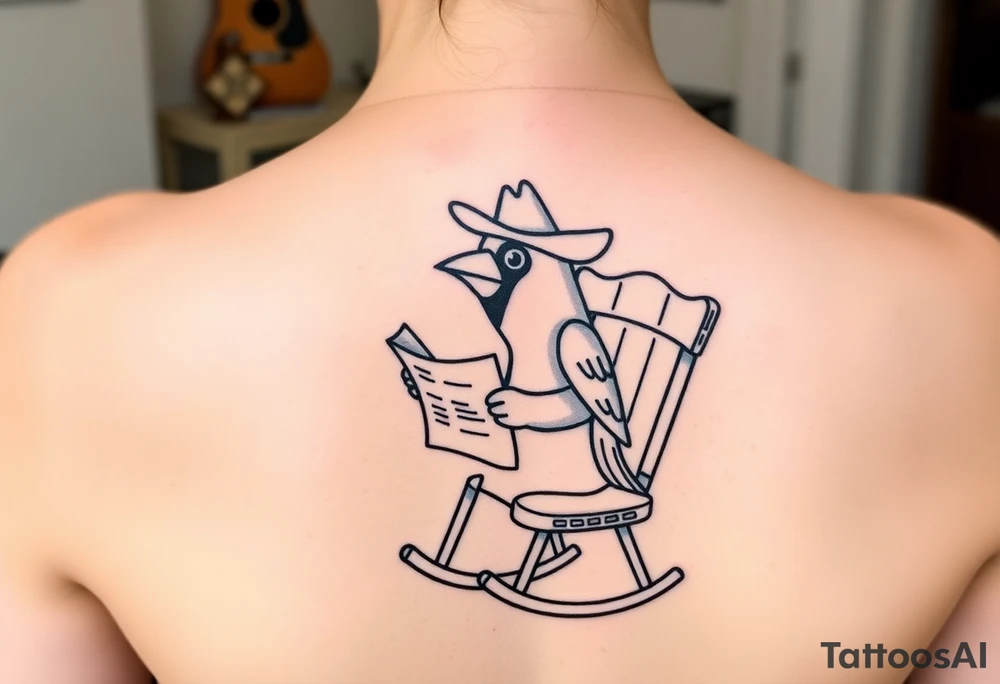 A cardinal wearing a cowboy hat, sitting in a rocking chair reading a newspaper tattoo idea