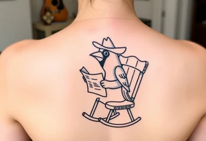 A cardinal wearing a cowboy hat, sitting in a rocking chair reading a newspaper tattoo idea