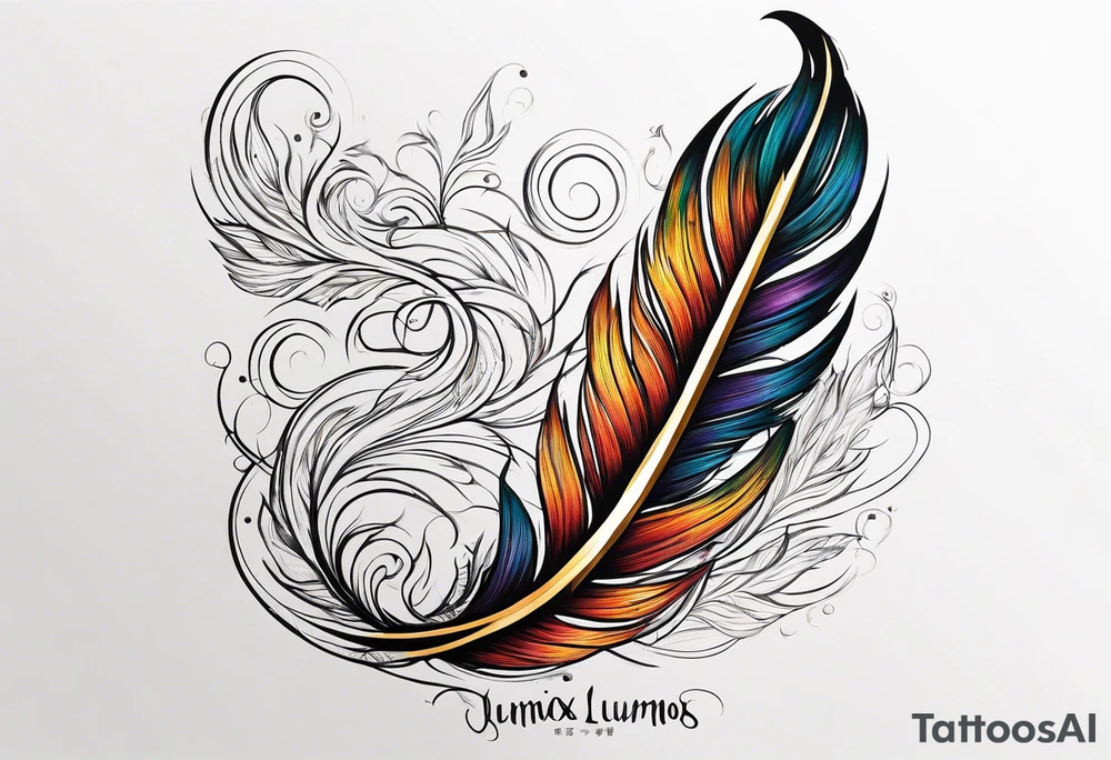 Phoenix feather with lumos written in cursive tattoo idea
