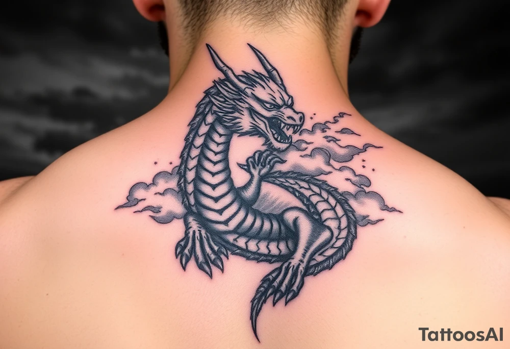 fierce dragon breathing iridescent fire against stormy skies tattoo idea